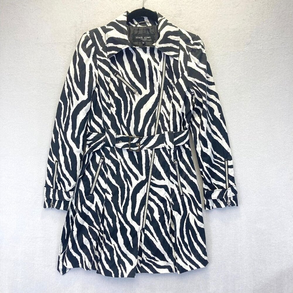 Black Rivet Asymmetrical Zebra Trench Coat‎ Women's Size Medium M Belted Mobwife